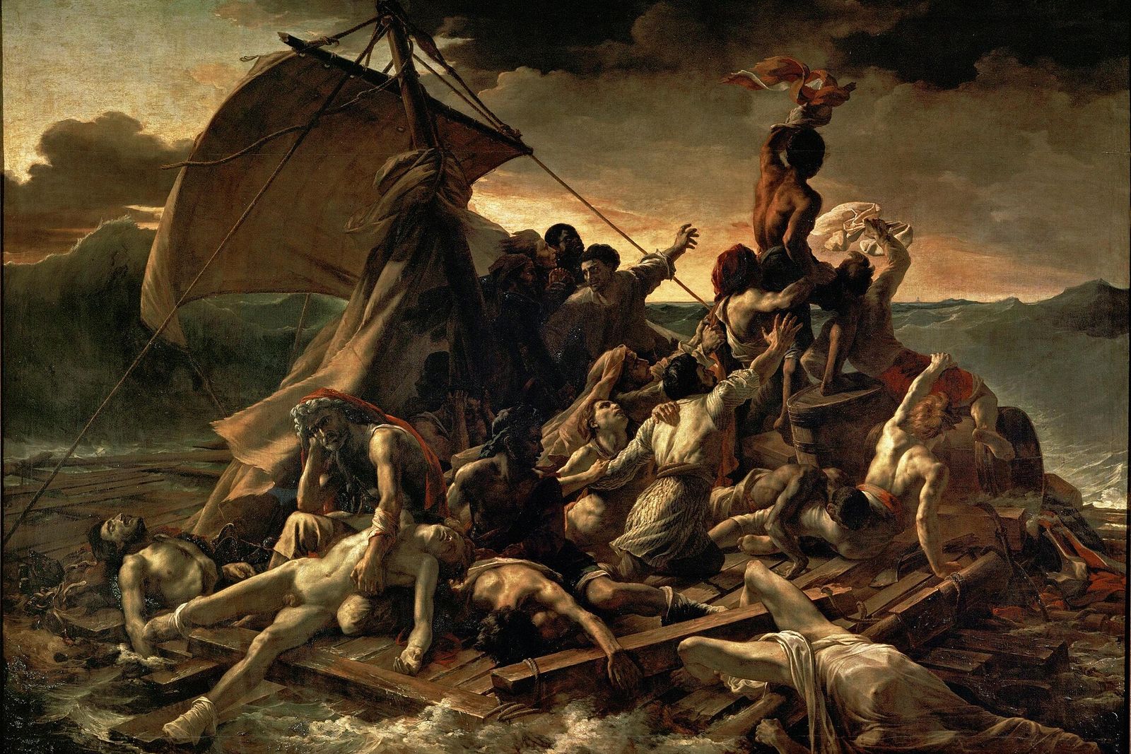 Survivors on a storm-tossed raft strain toward the horizon, with a torn sail above them and bodies in the foreground.