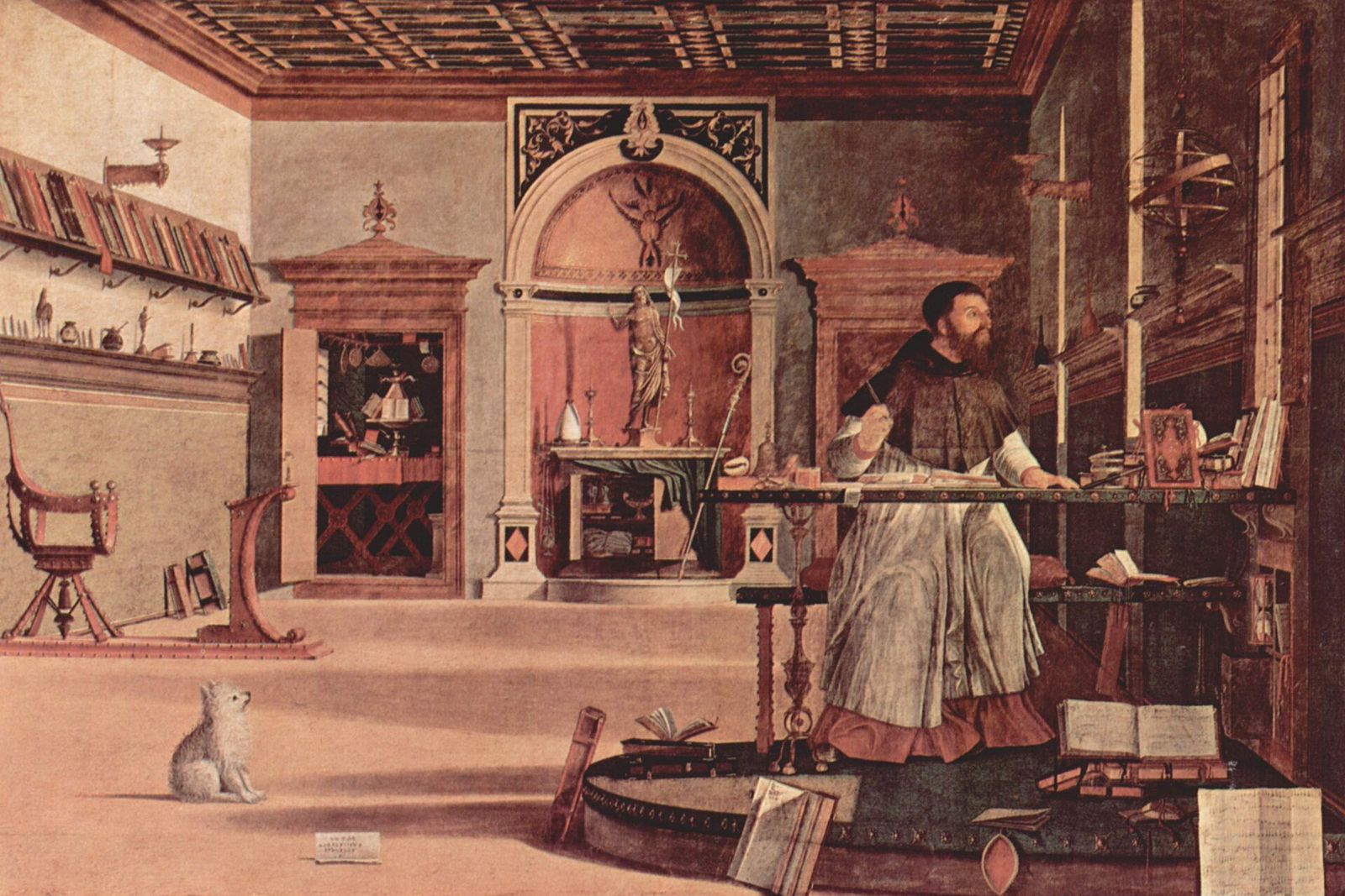 Saint Augustine at his writing desk in a Renaissance study, looking toward a window with a small dog in the foreground.