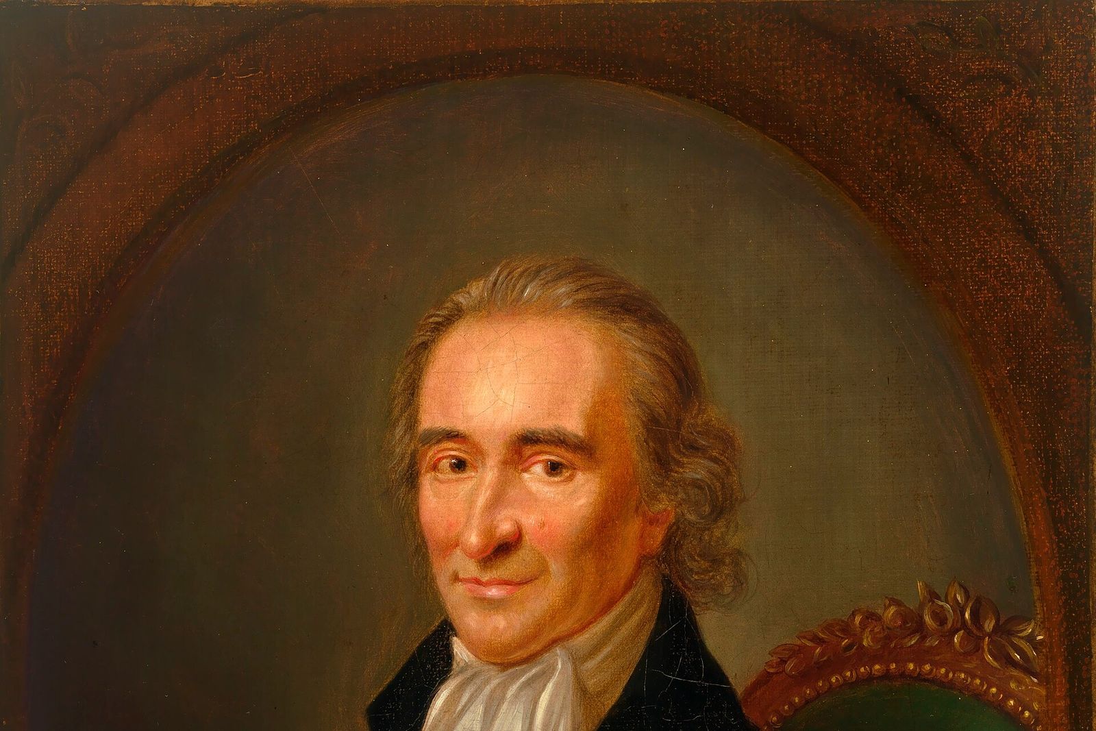 Oval portrait of Thomas Paine in a dark coat and white cravat, seated in a green chair.