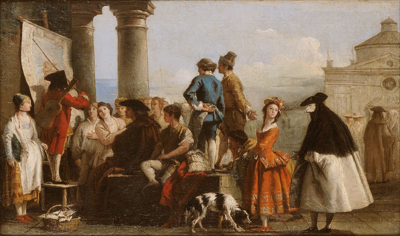 A crowd gathers on a Venetian square around a storyteller pointing at a painted canvas.