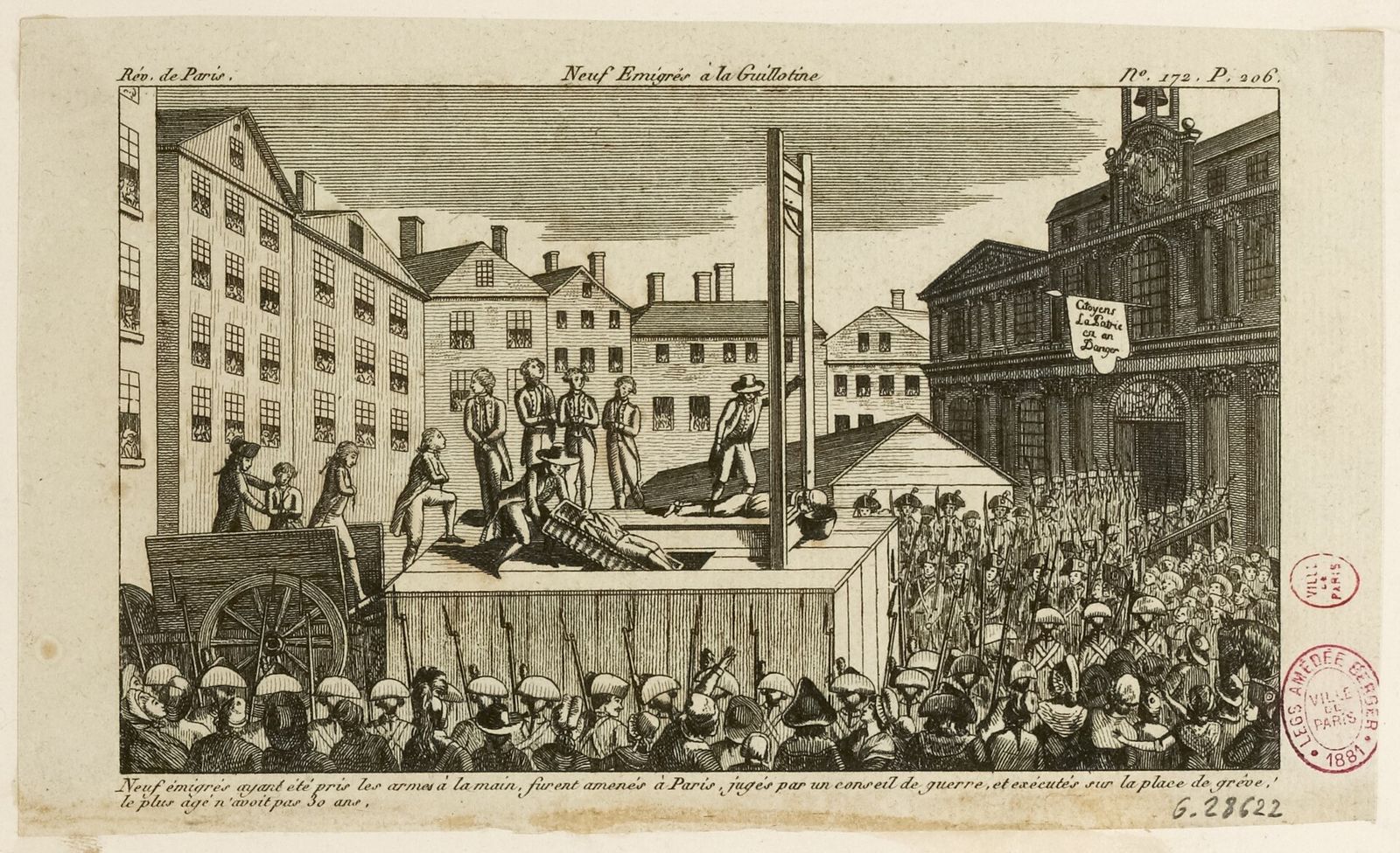 Crowd and soldiers gathered around a scaffold with a guillotine in front of the Paris town hall.