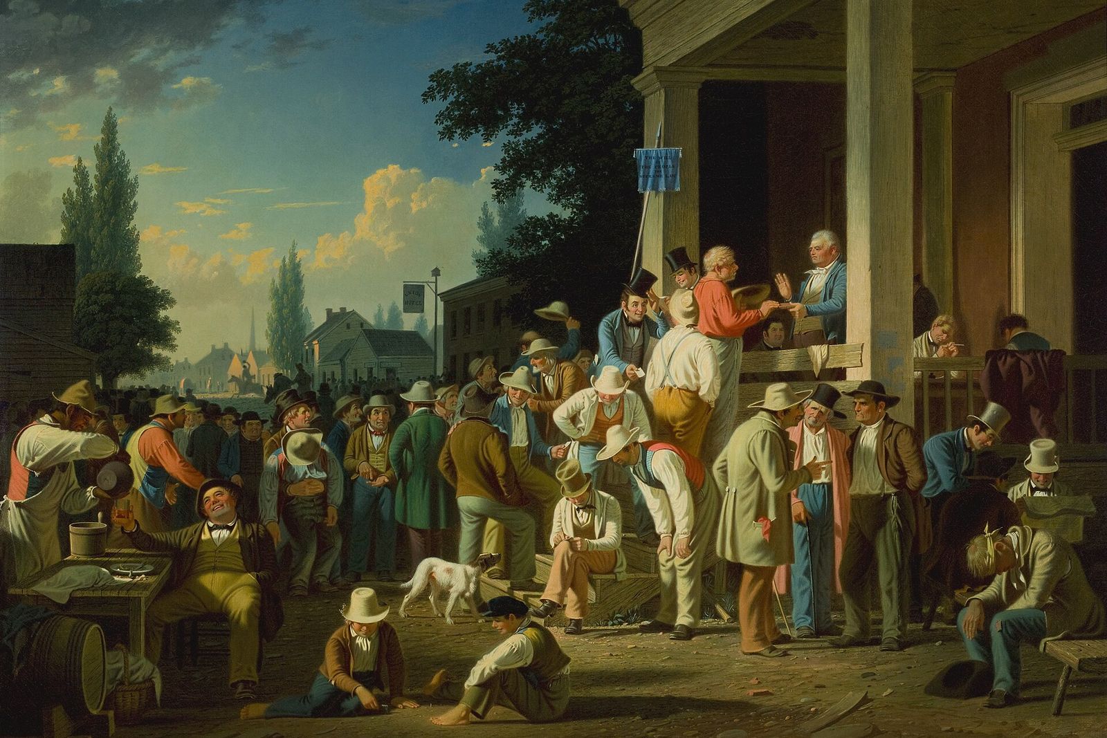 A crowd of men gathers on the steps of a courthouse to vote, talking, drinking and arguing.