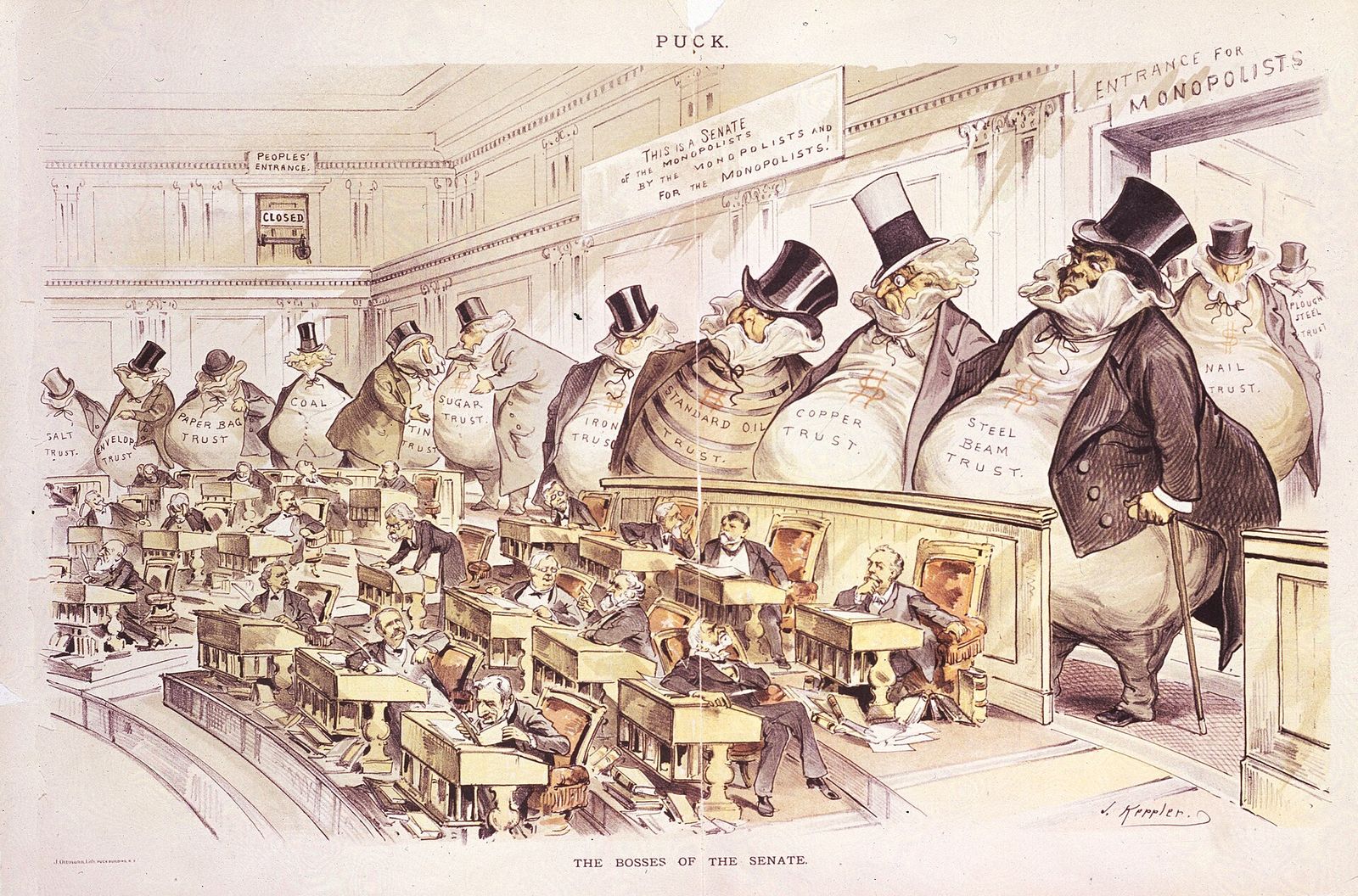 Cartoon of enormous money-bag men labelled as trusts looming over the seated senators in the Senate chamber, beneath an entrance for monopolists.
