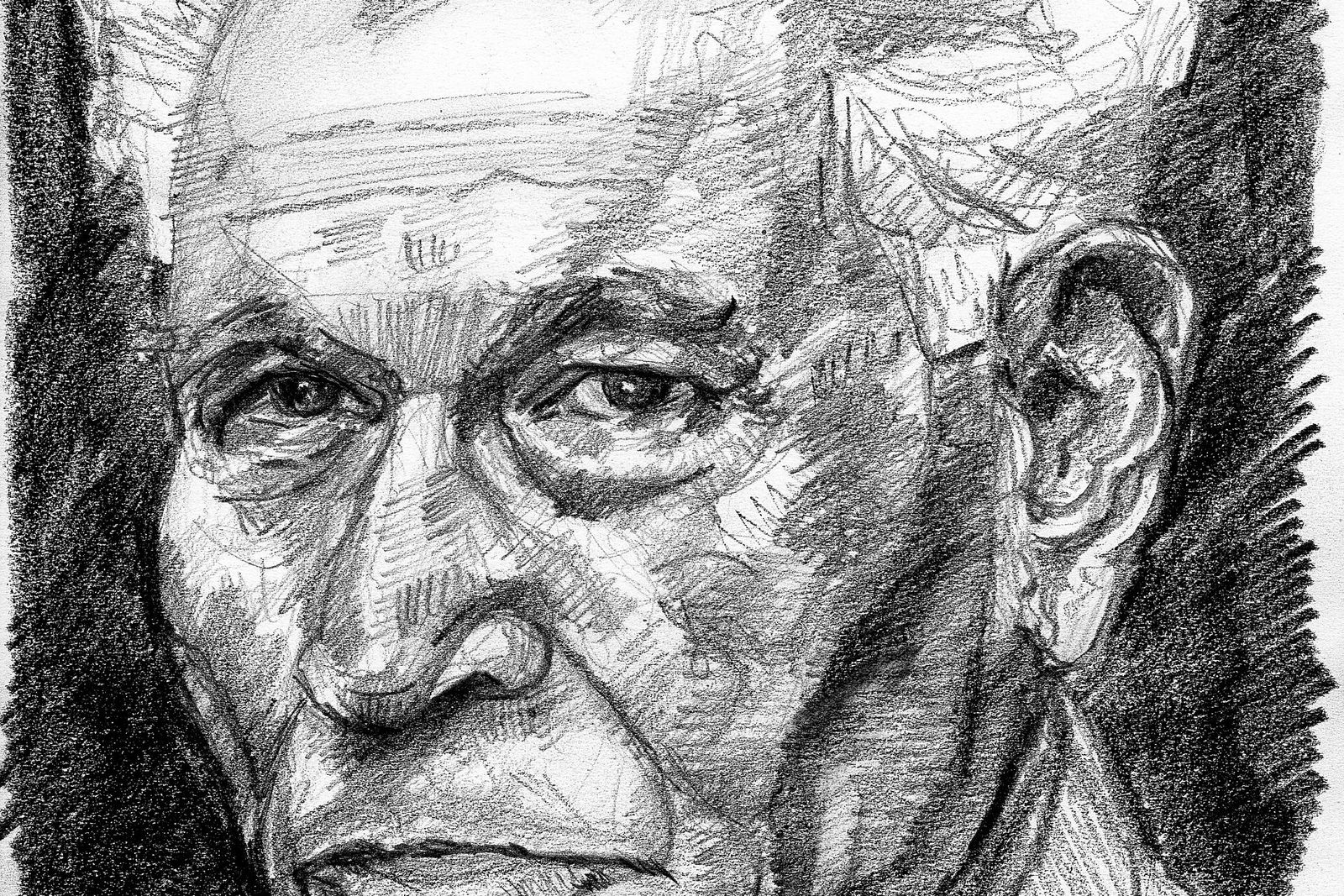 Charcoal-style pencil portrait of Jacques Derrida with swept-back white hair.