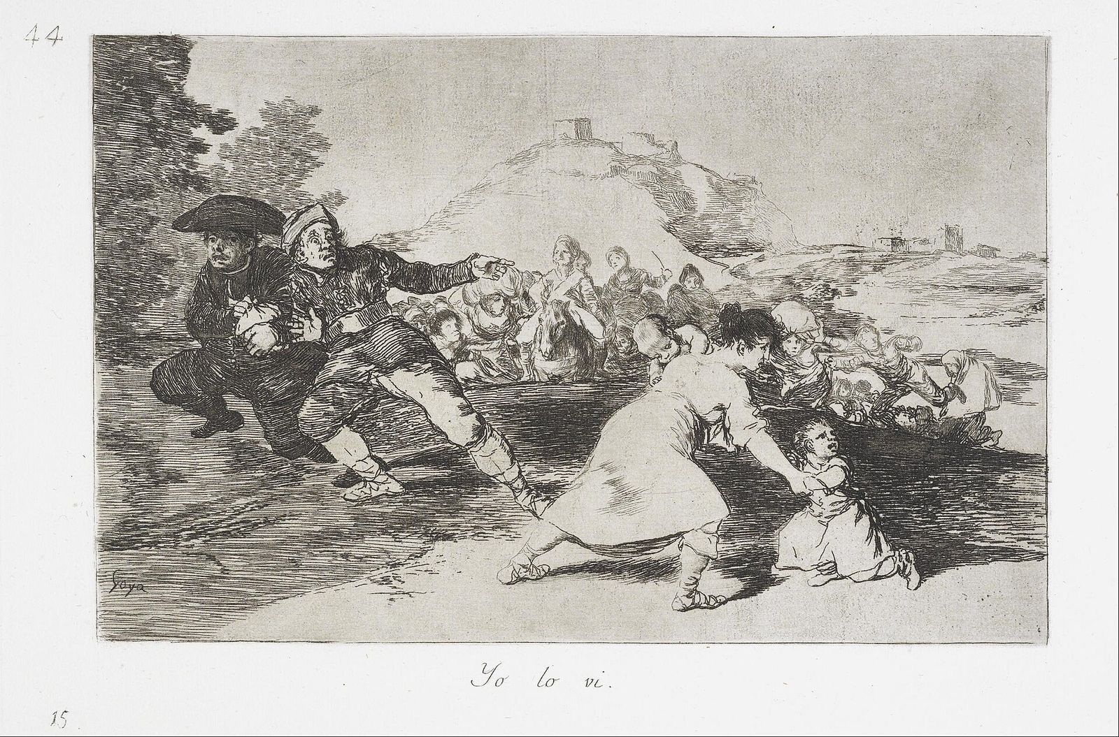 Etching of fleeing villagers, a woman pulling a small child along, while a crowd lies collapsed in the distance.