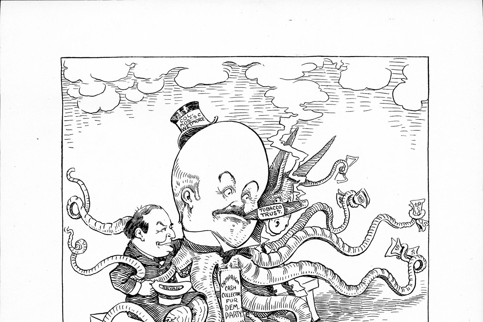 A 1908 cartoon of an octopus labelled as the Democratic campaign fund, with cash in its tentacles, embracing William Jennings Bryan.