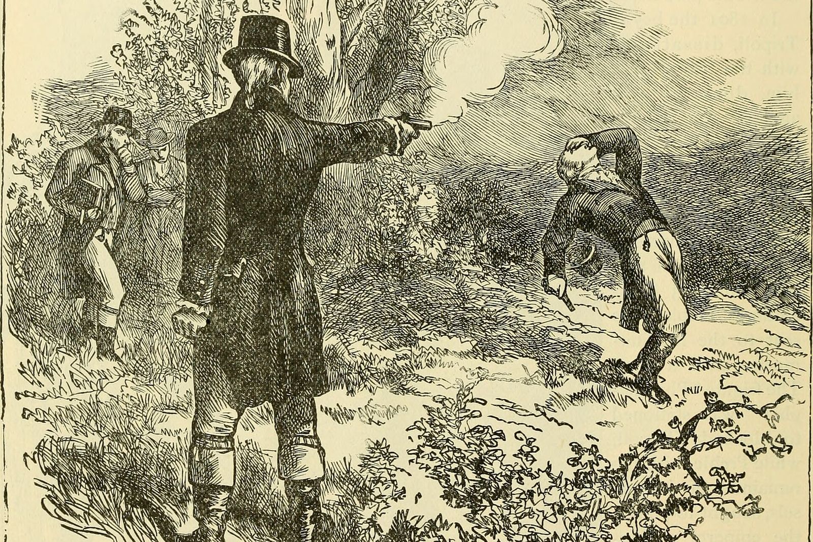 Engraving of Aaron Burr standing with a smoking pistol as Alexander Hamilton falls backward.