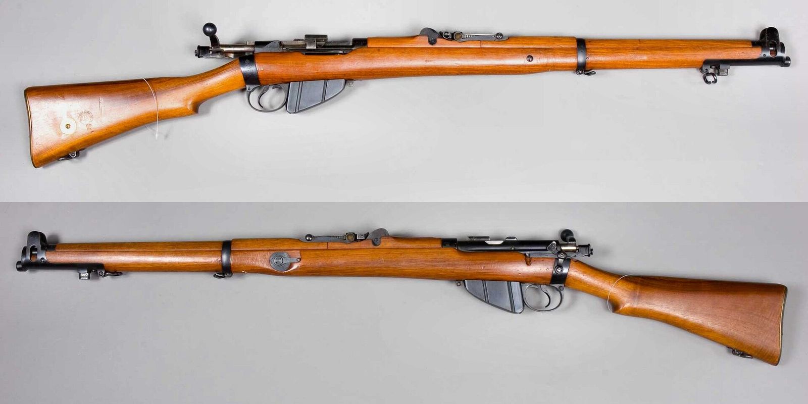 A Short Magazine Lee-Enfield bolt-action rifle shown from both sides against a grey background.