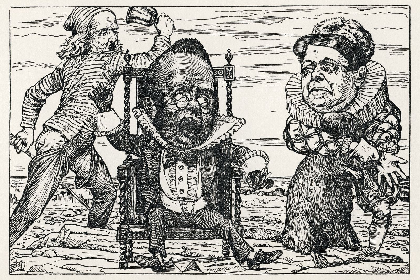 Black-and-white illustration of a wailing man in a high-backed chair beside a sailor with a raised mug and a ruffed beaver.