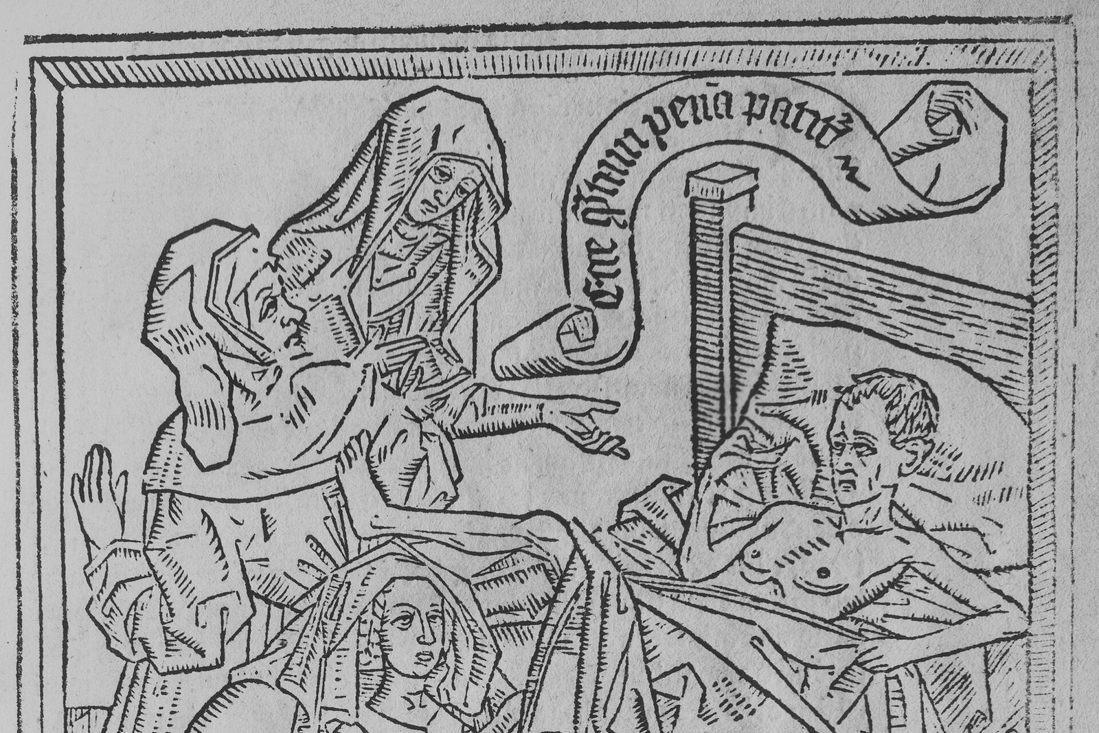 Woodcut of a dying man in bed, attended by figures with banners, with a demon crouching beneath.