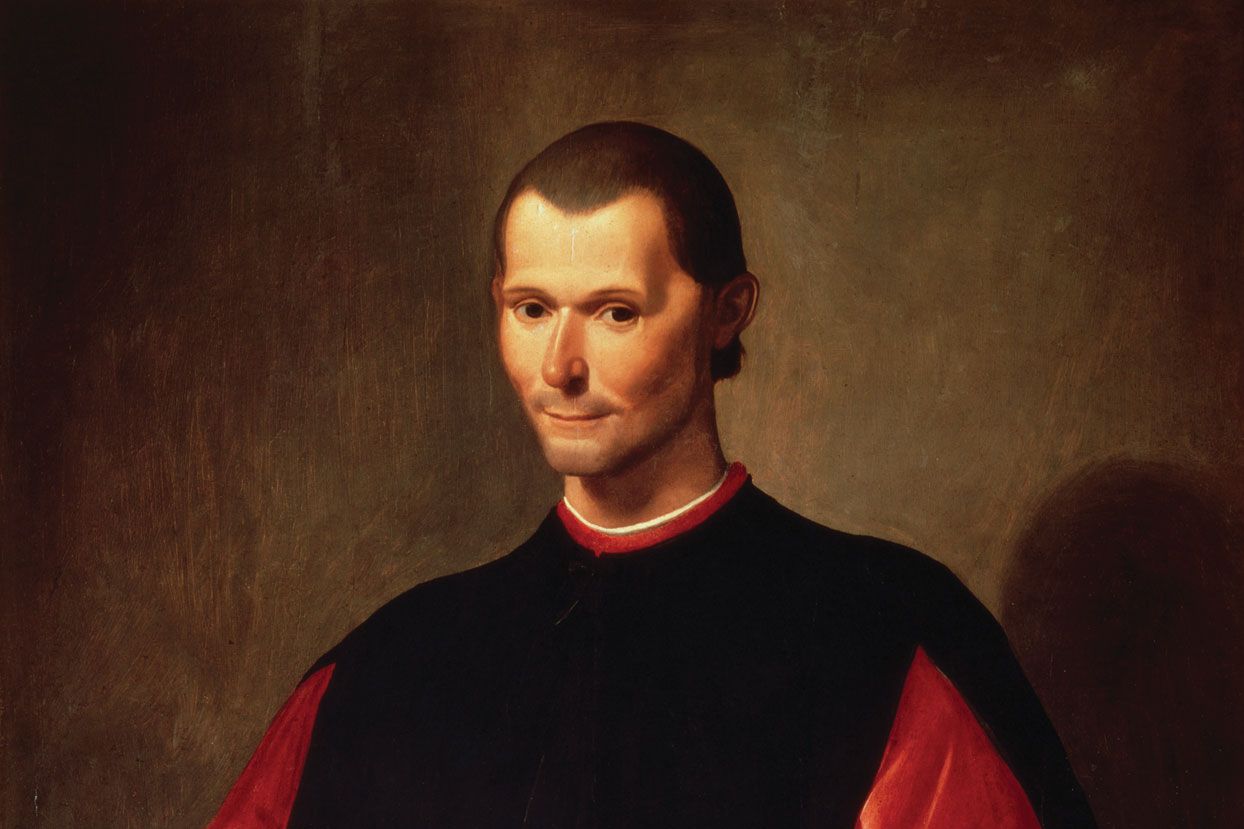 Portrait of Niccolò Machiavelli in a black cloak with red sleeves, holding a pair of gloves.